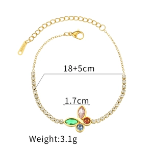 Gold butterfly bracelet with colorful crystals and 18+5cm adjustable steel chain