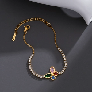 Stainless Steel Butterfly Bracelet Multi Color Zircon Inlaid Adjustable Gold Plated Elegant Jewelry For Women