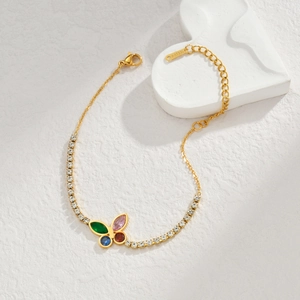 Minimalist gold butterfly bracelet with colorful zircon stones and stainless steel chain