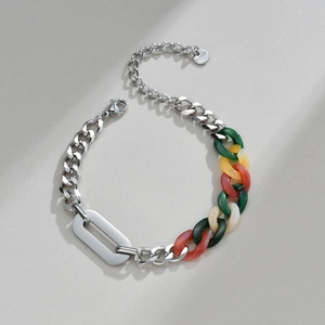 Colorful acrylic and silver stainless steel chain bracelet for women with lobster clasp