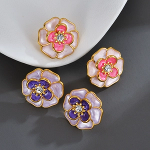 Camellia Flower Stud Earrings Stainless Steel Enamel Drip Oil With Rhinestone French Elegant Chic For Women