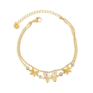 Bracelet double couche en acier inoxydable doré avec pendentif papillon et zircon