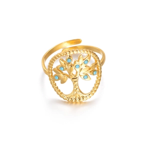 Stainless steel tree of life ring in gold finish with turquoise beads and open band