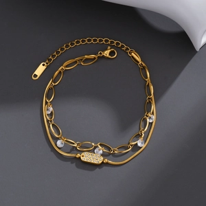 Bracelet Double Couche Acier Inoxydable Plaqué Or Zircone Chaîne Serpent Géométrique Bijoux De Mode Pour Femmes