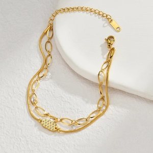 Bracelet double couche en acier doré avec chaîne serpent et pendentifs en cristal