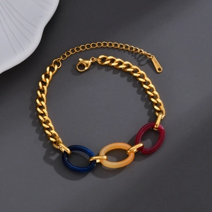 Fashion Bracelet Stainless Steel With Colorful Resin Oval Links Chunky Cuban Chain Adjustable Versatile For Women