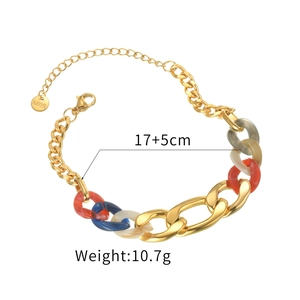 Gold stainless steel link bracelet with colorful acrylic rings for women, 17+5cm length