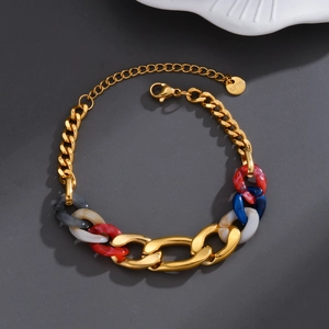 Gold Plated Stainless Steel Chain Bracelet With Colorful Acrylic Resin Marble Links For Women Minimalist Chic