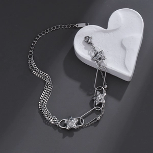 Bracelet Stainless Steel Multi-Layer Paperclip Chain With Rhinestone Star Pendants Adjustable Elegant Niche For Women