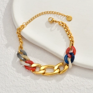Gold stainless steel chain bracelet with colorful acrylic resin links for women