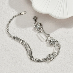 Vintage silver pentagram star bracelet with multi-layer chains and zircon stones