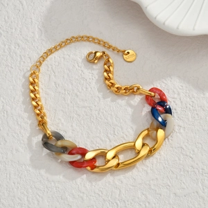 Gold stainless steel bracelet with vibrant colorful acrylic resin chain links for women