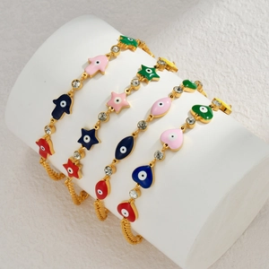 Set of four gold-plated stainless steel bracelets with colorful enamel Hamsa and Evil Eye charms