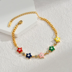 Gold stainless steel bracelet featuring colorful star charms and evil eye detailing