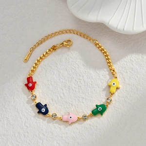Gold stainless steel Hamsa bracelet with colorful enamel Evil Eye charms and rhinestones