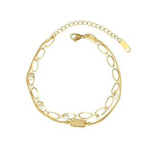 Bracelet doré à double chaîne avec pendentif rectangulaire en zircon et chaîne serpent
