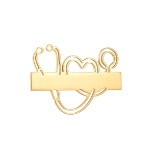 Golden stethoscope and heart brooch pin with customizable blank engraving metal bar