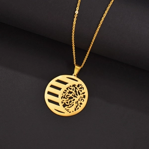 Minimalist 18k gold Tree of Life pendant necklace with hollow design on black background