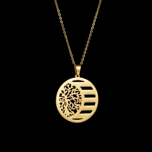 Tree Of Life Pendant Necklace Stainless Steel 18K Gold Plated Round Cutout Geometric Jewelry For Women