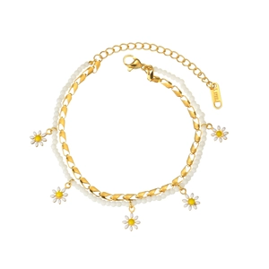 Bracelet double couche style français en acier titane doré avec pendentifs marguerites