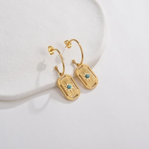 14K gold plated stainless steel sunburst earrings with central turquoise bead accents