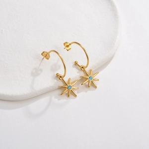 French style 14K gold plated earrings with star pendant and blue zircon stone