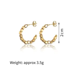 Minimalist 14K gold-plated C-shaped earrings with hexagonal beads, 2cm diameter