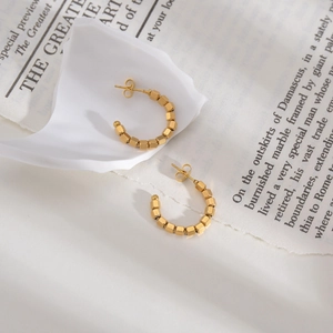 Minimalist 14K gold C-shaped stainless steel earrings with geometric hexagon bead design