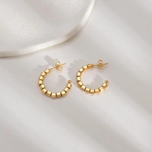 C-Shaped Hoop Stud Earrings 14K Gold Plated Stainless Steel Minimalist Geometric Bead Design For Women
