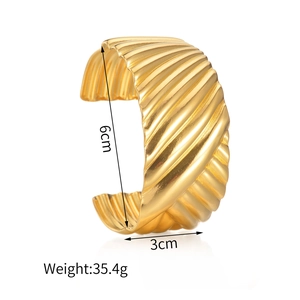 Gold stainless steel wavy spiral cuff bracelet for women with 3cm width and 6cm diameter