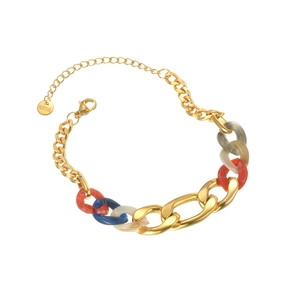 Golden stainless steel bracelet with multicolored acrylic links and S.STEEL charm