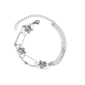Vintage star charm layered titanium bracelet with sparkling stones and silver finish