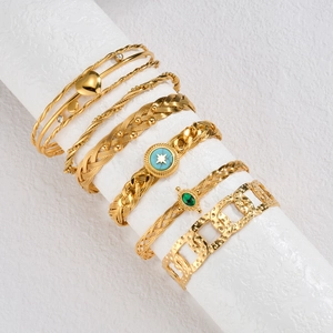 Vintage Gold Plated Stainless Steel Cuff Bracelet Heart Natural Stone Turquoise Inlay Women Bohemian Jewelry