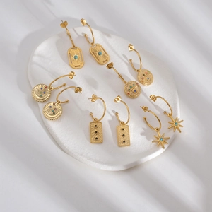 Stainless Steel Pendant Earrings 14K Gold Plated Bohemian Star Evil Eye Leaf Dangle Jewelry For Women Vintage Style