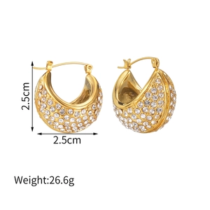 Golden dome earrings paved with clear rhinestones measuring 2.5cm by 2.5cm