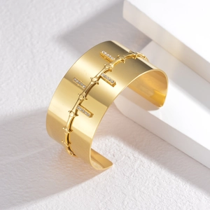 18K gold plated stainless steel cuff bangle with double row pavé zircons on white stone
