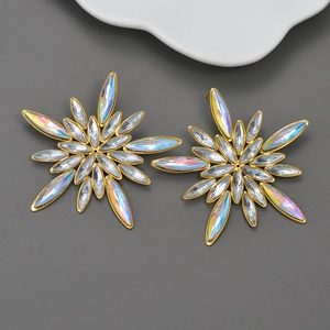 Oversized Flower Stud Earrings Stainless Steel With Rainbow Rhinestones Exaggerated Starburst Jewelry For Women