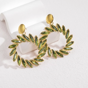 European gold circle drop earrings with brilliant green marquise stones for women