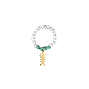 Elastic beaded ring with clear facets, green marble beads and a gold fishbone pendant
