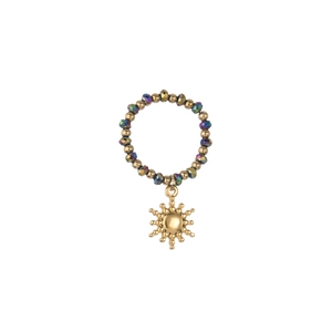 Bohemian gold beaded ring with iridescent glass beads and a 3D sun charm pendant