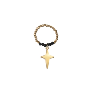 Elastic beaded ring featuring gold metal beads and a star pendant for women