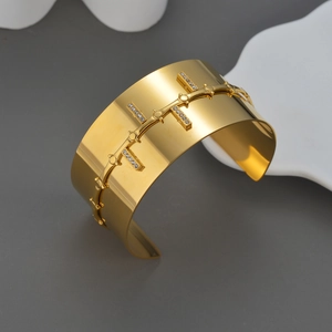 18K Gold Plated Stainless Steel Wide Cuff Bangle Rhinestone Double Row Open Bracelet For Women INS Style Jewelry