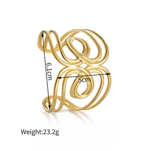 Exaggerated golden wide hollow cuff bracelet with multi-layer geometric punk design