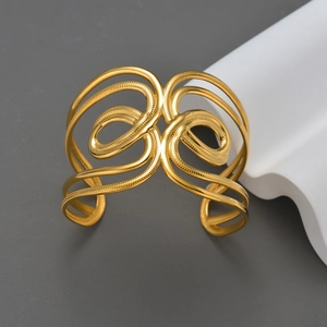 Hollow Out Cuff Bracelet Stainless Steel Exaggerated Geometric Twisted Line Punk Style Wide Bangle Gold Color Women