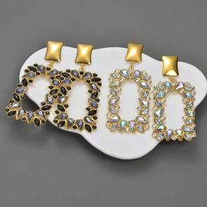 Chic oversized geometric earrings with colorful rhinestones in retro gold setting