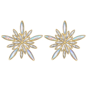 Golden flower earrings with marquise-cut iridescent crystals on a white background