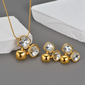 18K Gold Plated Stainless Steel Square Zircon Snake Chain Necklace And Stud Earrings Geometric Elegant Jewelry For Women