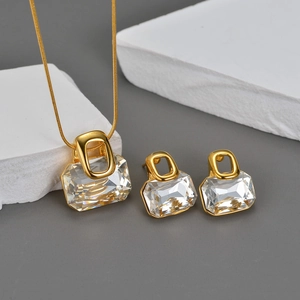 Gold Plated Stainless Steel Jewelry Geometric Rectangular Zircon Necklace And Earrings Minimalist Elegant Women