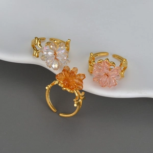 Flower Shaped Crystal Bead Open Ring Adjustable Stainless Steel Jewelry For Women Elegant Sweet Style Gold Plated