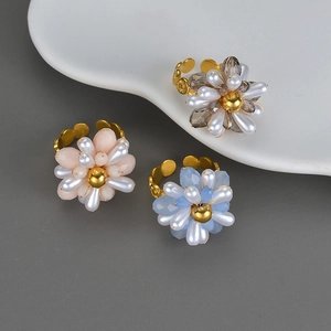 Elegant Beaded Flower Ring Stainless Steel Adjustable Open Band Finger Jewelry With Faux Artificial Pearls And Crystals For Women
